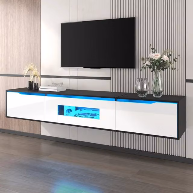 Mobile porta TV moderno OKWISH con illuminazione LED USB, finitura lucida nero e bianco, L 180 x P 35 x H 30 cm