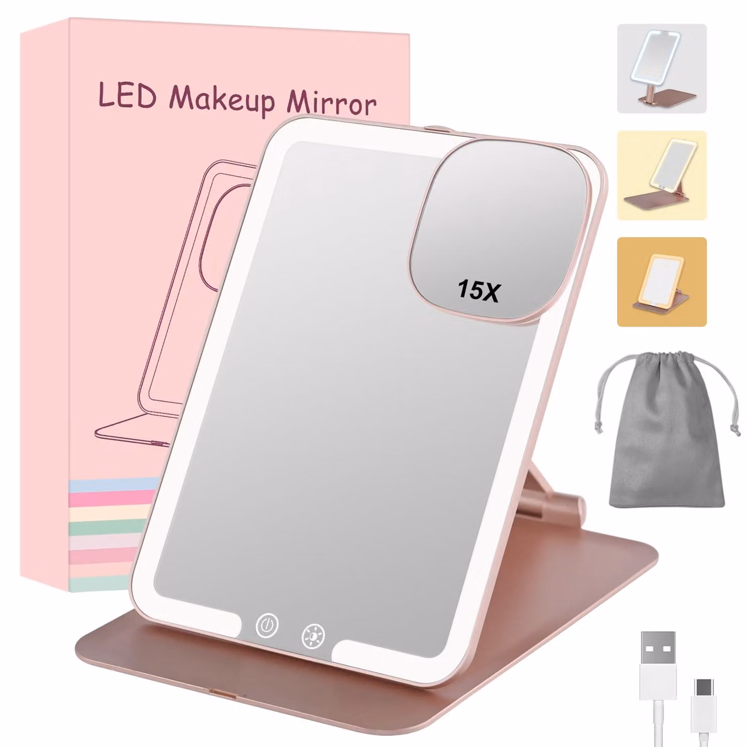 Specchio da trucco LED pieghevole con ingrandimento 15x, batteria da 1500 mAh, 3 colori