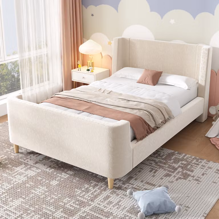 Letto imbottito Flieks 90x200cm con rete a doghe, letto classico letto per bambini letto per ragazzi con rivestimento in velluto, letto singolo letto in legno, beige