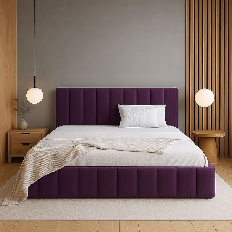 Letto imbottito Sofello con rete a doghe in legno e funzione sollevabile, 90 x 200 cm, velluto color prugna, letto matrimoniale - (altezza regolabile individualmente)