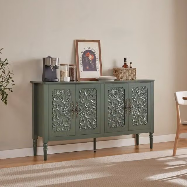Credenza retrò con ante intagliate floreali e gambe tornite verde opaco L: 160 cm, P: 40 cm, H: 89 cm