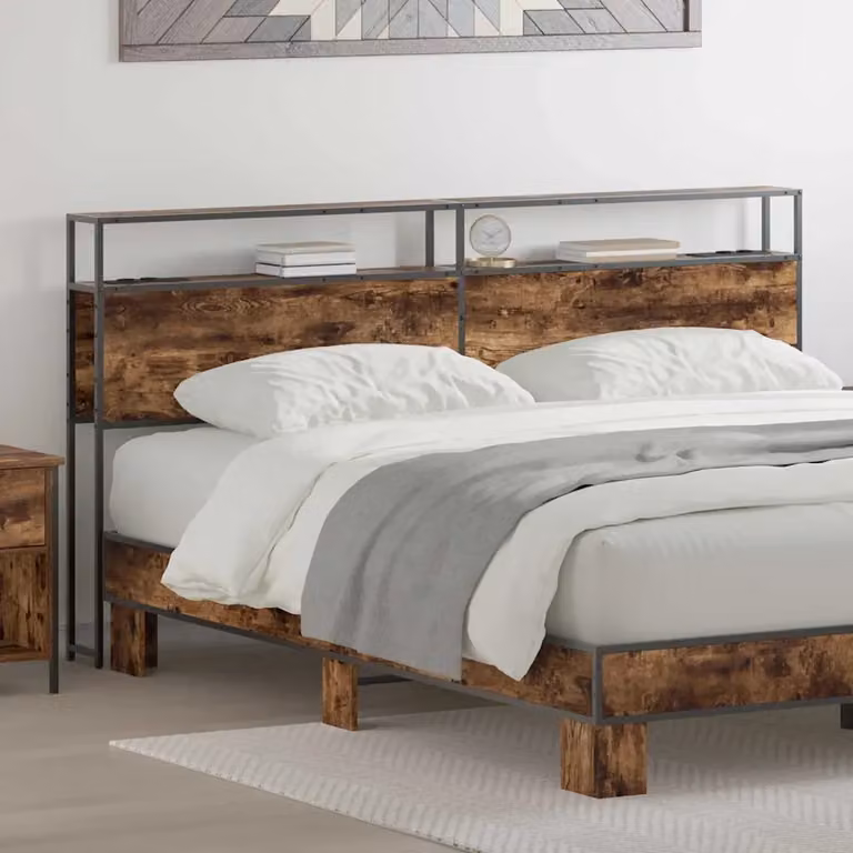 Testata contenitore moderna in legno e metallo con ripiano integrato e porta USB colore marrone
