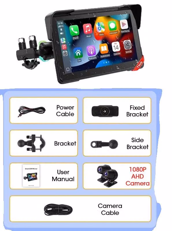 Navigatore GPS per moto, schermo da 7 pollici, doppio Bluetooth 5.0, videocamera