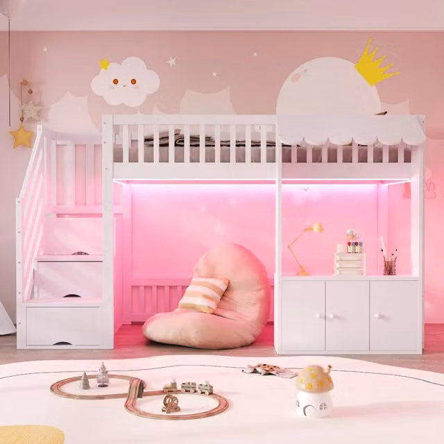 Letto a Soppalco 90x200 cm in Legno con Armadio Contenitore; Scale; Luci LED Multicolore e Doghe; Bianco