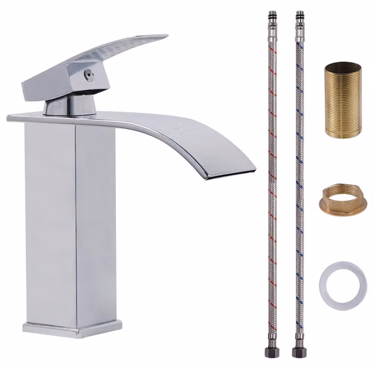 Miscelatore per lavabo, con bocchetta a cascata, cromato, in acciaio inossidabile, monoblocco