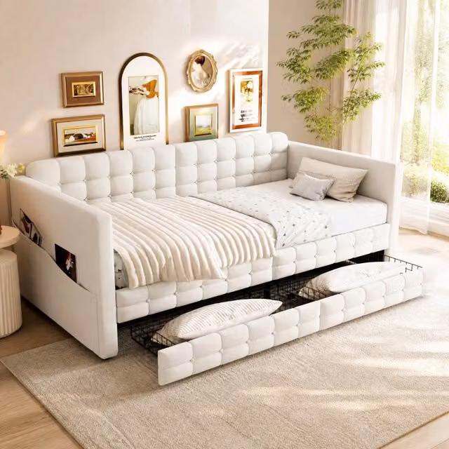 Letto singolo imbottito 90 × 190 cm con testiera tasche laterali due cassetti rete a doghe velluto beige