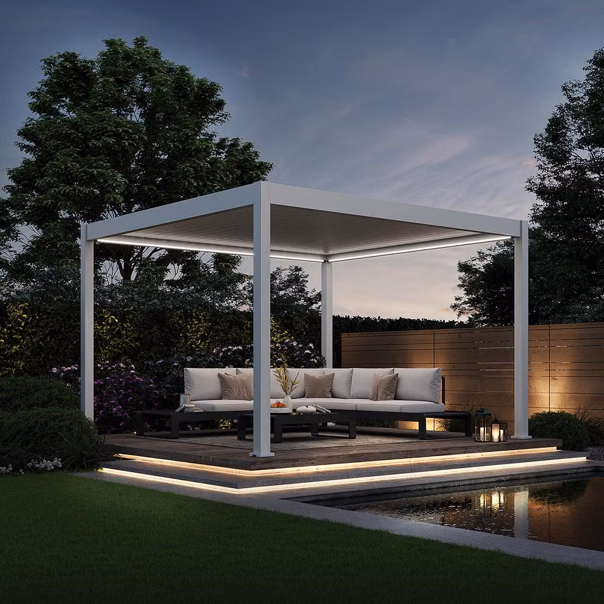 Pergola elettrica Weide E-Deluxe interamente in alluminio, 3,6x4 m, con tetto a lamelle bianco