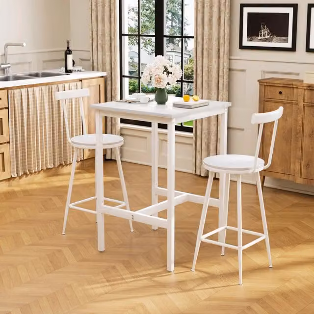 Set Tavolo Bar e Sgabelli con Cuscini ¨C Xylo ¨C Metallo Bianco, Stile Industrial, 60x60x92 cm