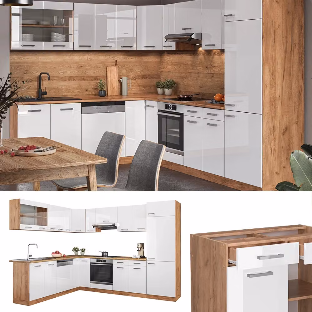 Cucina angolare moderna Vicco R-Line Bianco lucido e Rovere dorato L/P/H: 287 x 227 x 60 cm – 2
