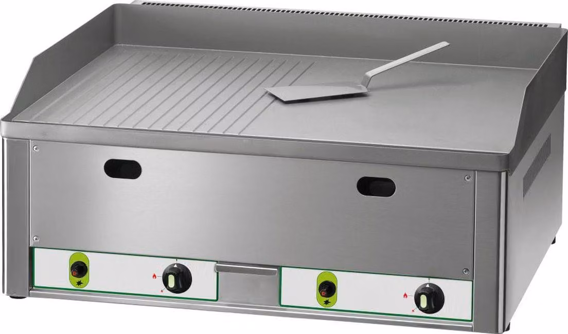 Piastra grill a gas KBS da 8 kW, 2 zone di riscaldamento (1/2 liscia + 1/2 rigata), accensione piezoelettrica.