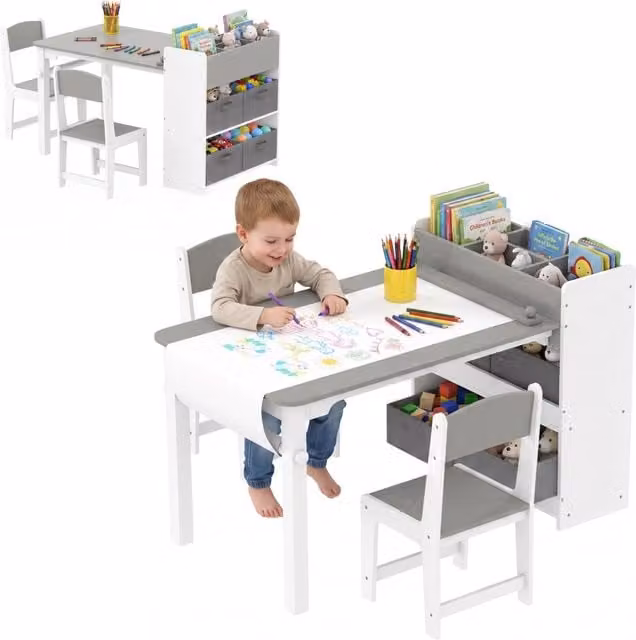 Set tavolo e 2 sedie per bambini in legno con rotolo di carta, ripiani e cassetti, pratico e robusto per cameretta e gioco, grigio