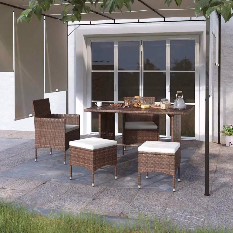 vidaXL Set di 4 Sedie da Giardino con Poggiapiedi in Polyrattan Marrone e Bianco con Cuscini in Tessuto Resistente ai Raggi UV