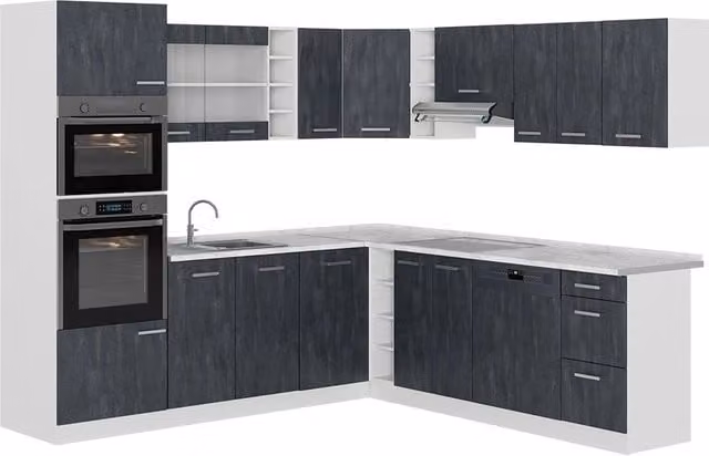 Cucina angolare moderna Vicco R-Line con ante in vetro e illuminazione integrata, finitura opaca, colori nero, bianco e grigio, L/P/H: 247 x 237 x 206,8 cm