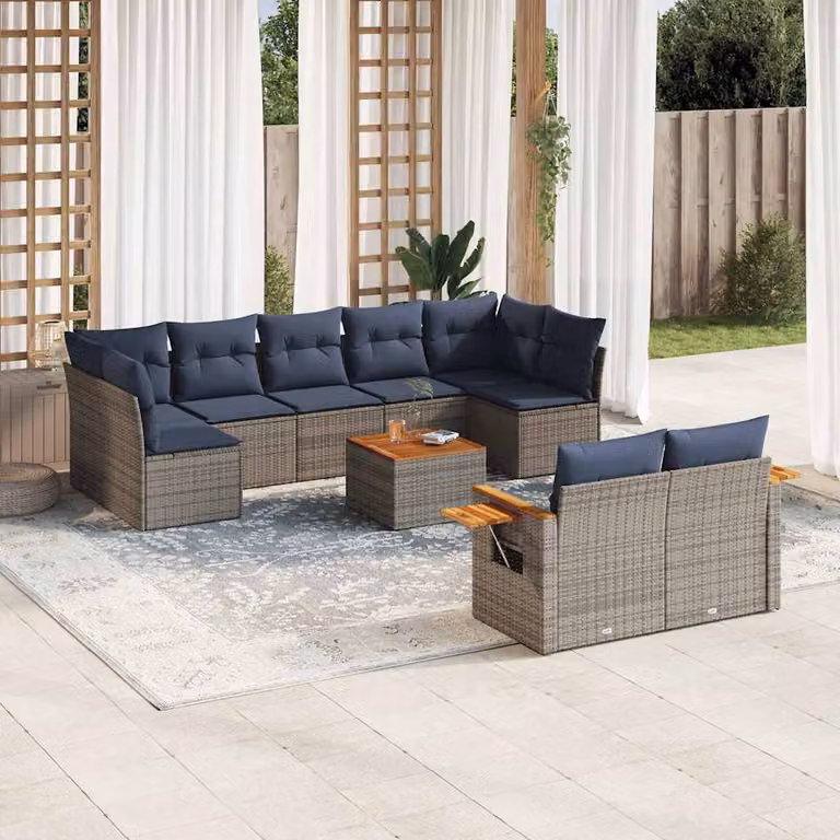 Set di divani da giardino vidaXL in polyrattan con cuscini grigi e blu, composto da 10 pezzi con tavolino e sedute imbottite per esterno