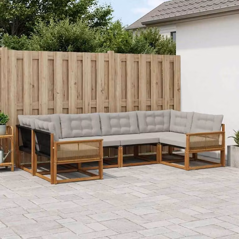 Set di divani da esterno vidaXL a forma di L composto da 6 pezzi in legno di acacia con cuscini in tessuto textilene, colore beige e grigio chiaro
