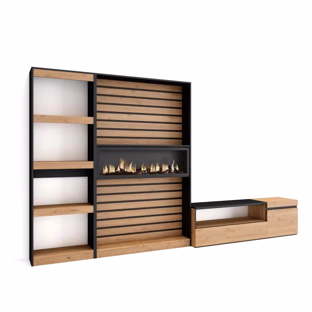 Mobile TV per soggiorno Skraut Home con camino elettrico, colore Rovere e nero, L: 320 cm, P: 35 cm, H: 186 cm – 2