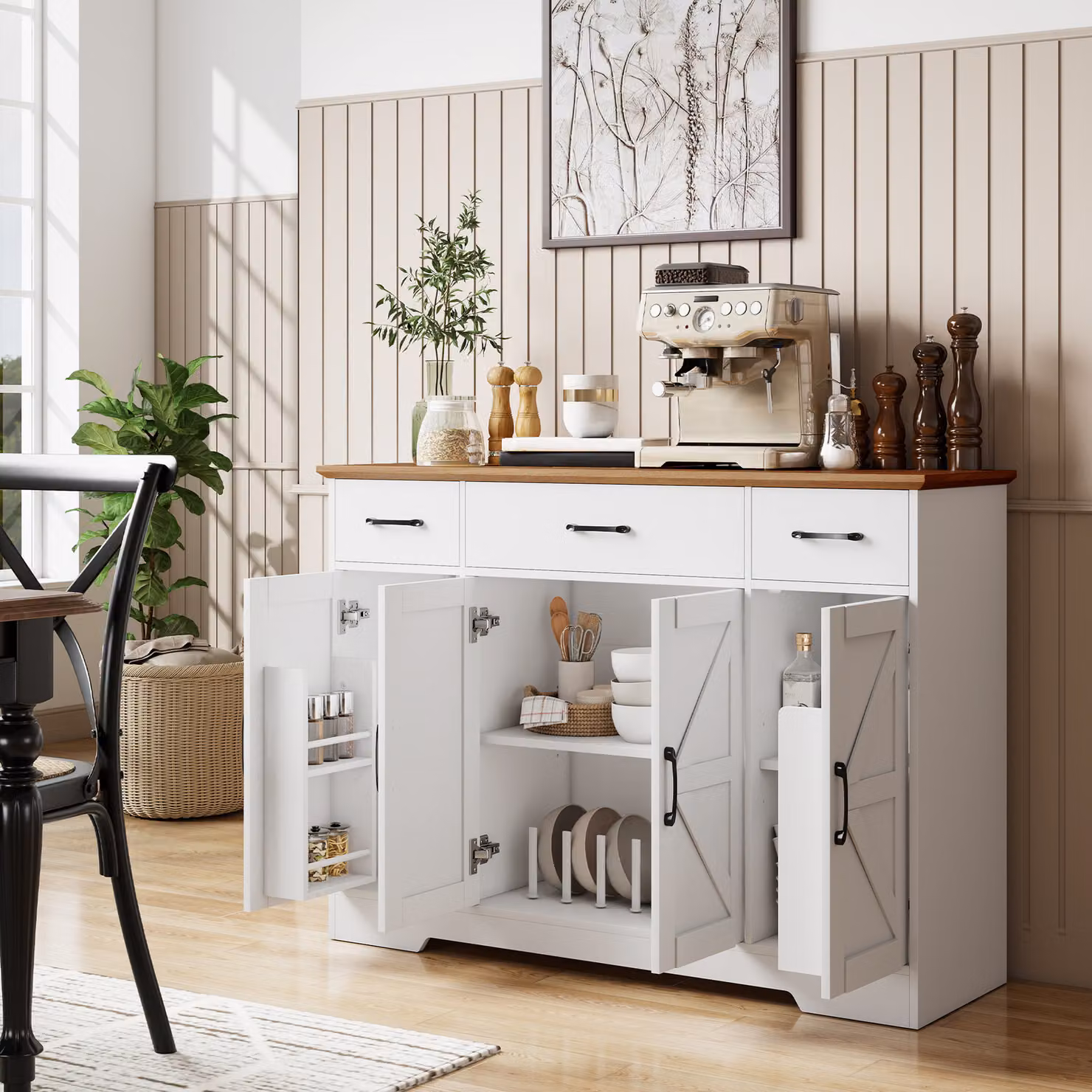 Credenza Cucina Rustica HOMCOM in Legno Bianco con Ante e Cassetti Soft-Close, 3 Ripiani Regolabili e Portaspezie – 2
