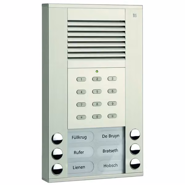 Pulsante di campanello per esterno serie ASE 6 (allineato a destra/sinistra) con serratura a codice integrata, finitura argento AP TCS ASE51060-0010