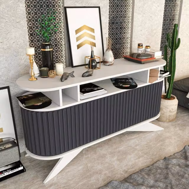 Credenza Joy, Buffet da soggiorno, Madia da salotto, Dispensa da cucina, 150x43h75 cm, Bianco e Antracite