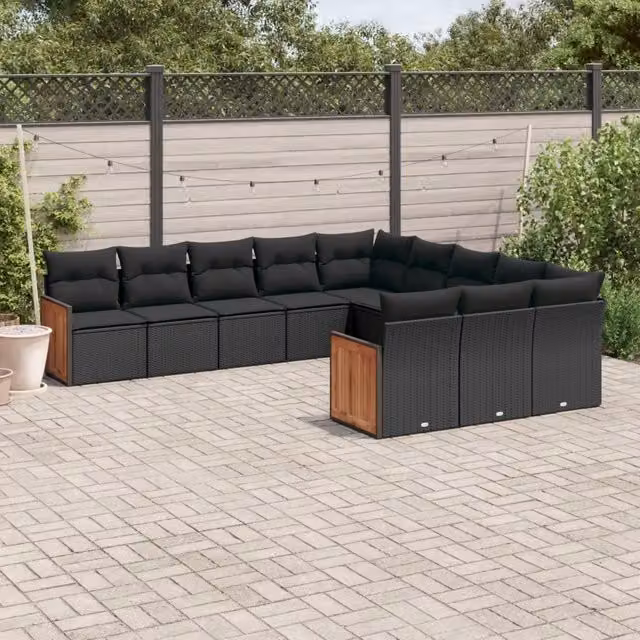 Set di Divani da Giardino vidaXL in Polyrattan Nero con Cuscini, Forma a U, 11 Pezzi – 1