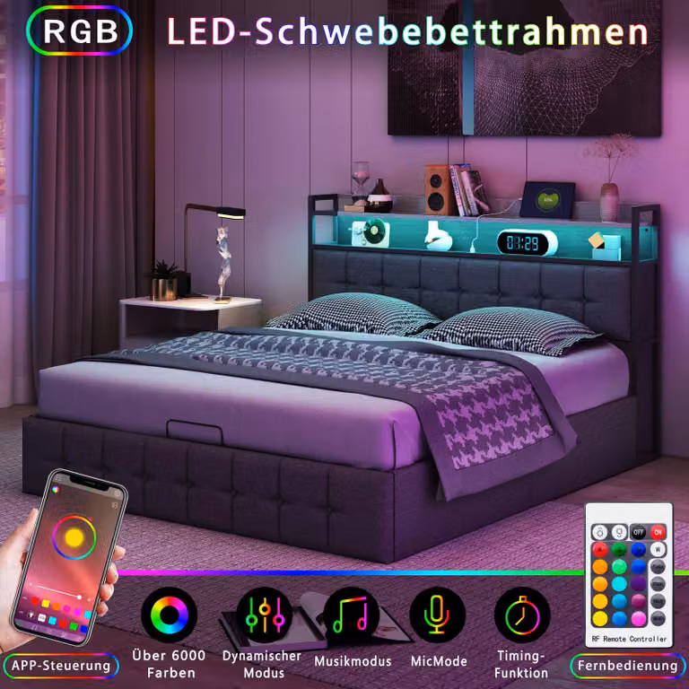 Letto imbottito INONEFT, modello boxspring, 160x200 cm, con luci LED e caricabatterie USB, letto a una piazza o a due piazze con rete a doghe e spazio contenitore ad apertura idraulica, rivestito in lino, colore grigio