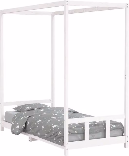 Giroletto per bambini in legno massello di pino bianco lacquered con struttura per baldacchino L: 200 cm, P: 90 cm, H: 190 cm