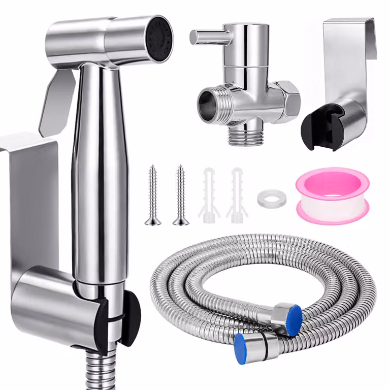 Set per bidet con doccetta, dotato di tubo da 125 cm, raccordo a T da G1/2", e soffione, ideale per bagni e servizi igienici