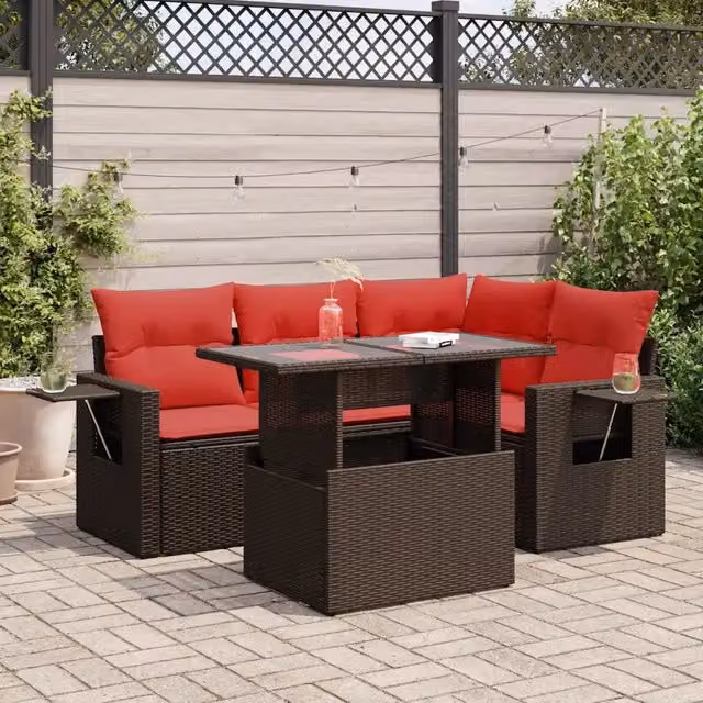 Set Divano Giardino 5 pz con Cuscini Marrone Polyrattan Acacia 3326475