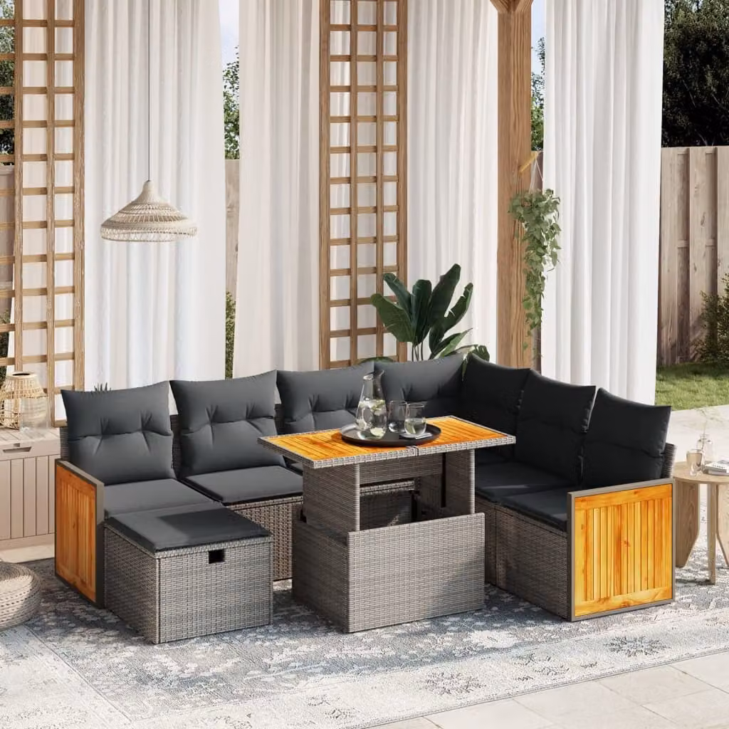 vidaXL Set Divano da Giardino 8 pz in Polyrattan Grigio con Cuscini Imbottiti e Tavolino – 1