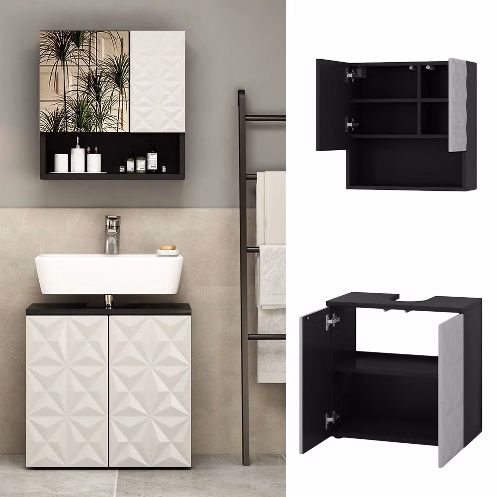 Set di mobili da bagno Vicco Edge nero 2 pezzi con mobile lavabo e pensile con illuminazione LED – 2
