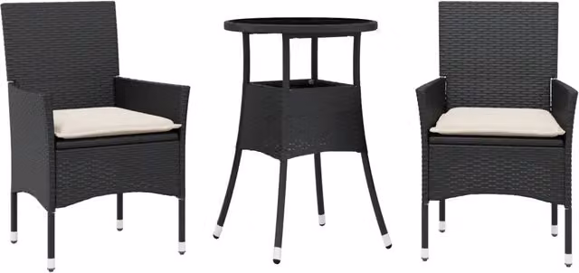 Set da pranzo da giardino moderno in polyrattan con tavolo rotondo in vetro e 3 sedie in bianco e nero – 1