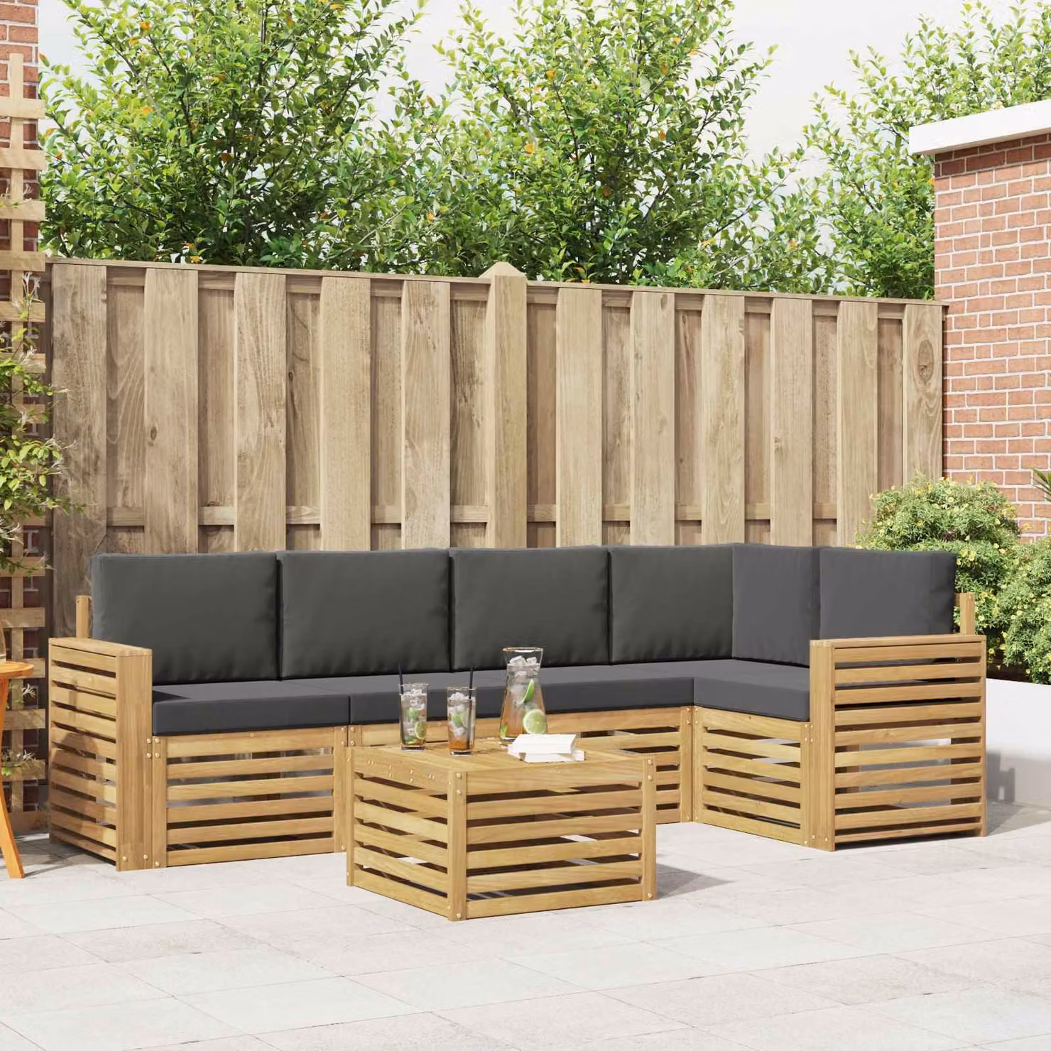 Set di divani da esterno vidaXL 6 pz a forma di L con tavolino, in legno di acacia e tessuto resistente ai raggi UV, Bianco e Antracite