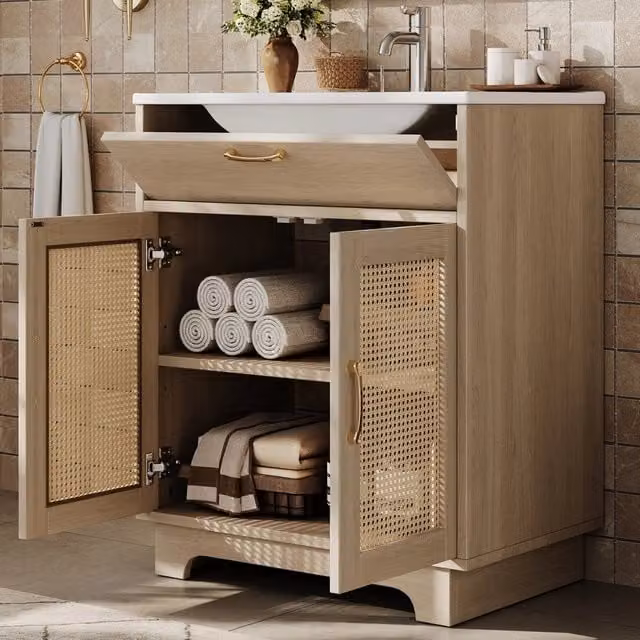 Mobile bagno con 1 cassetto e 2 ante, ripiani regolabili e lavabo in ceramica per bagno, in MDF, naturale, 76×46×88 cm