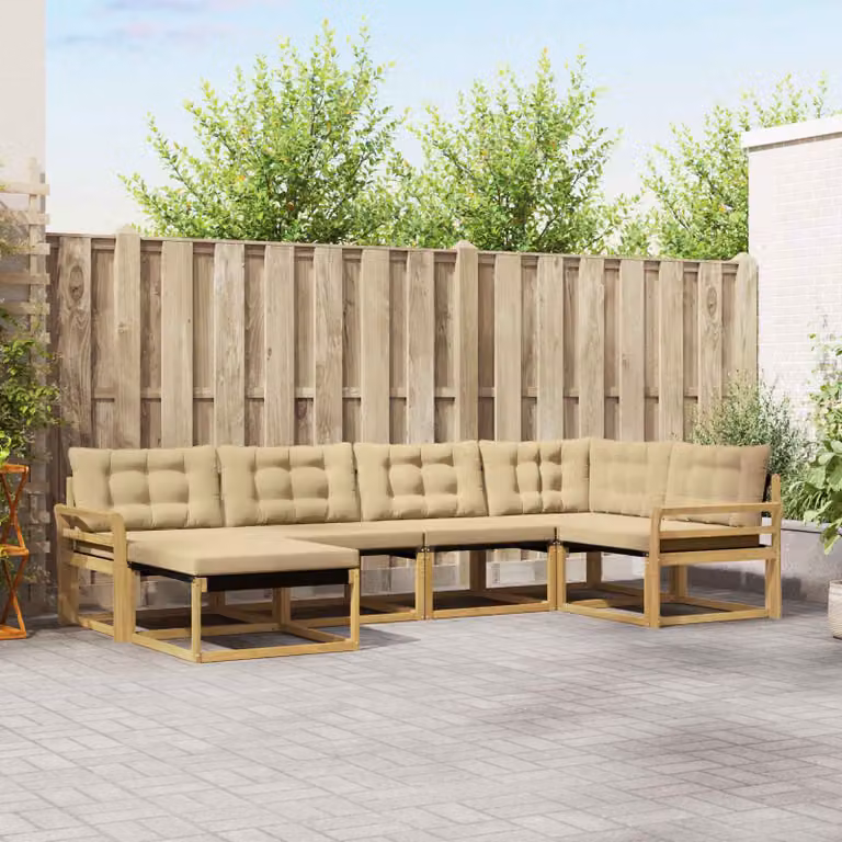 Set di divani da esterno vidaXL a forma di L con 6 pezzi, struttura in legno di acacia e cuscini in tessuto bianco e beige