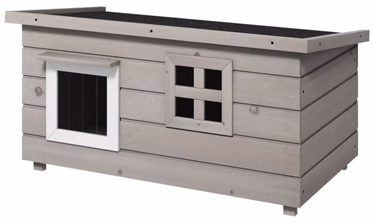 Casetta per gatti PawHut, modello capanna con tetto in asfalto, finestre, adatta per l'inverno, realizzata in legno di abete, colore grigio