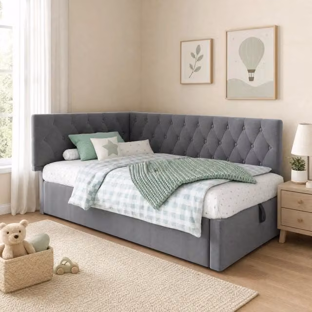 Letto singolo imbottito 90x190 cm con contenitore idraulico; testiera reversibile in velluto grigio