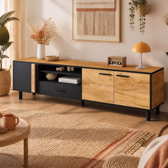 Mobile TV 180x32,5x50 cm con 3 armadietti, 1 cassetto, struttura in truciolato nero e legno, supporta TV fino a 80 pollici