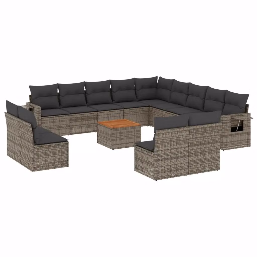 vidaXL Set Divani da Giardino a Forma di U in Polyrattan Grigio con Cuscini e Tavolino da Esterno – 2