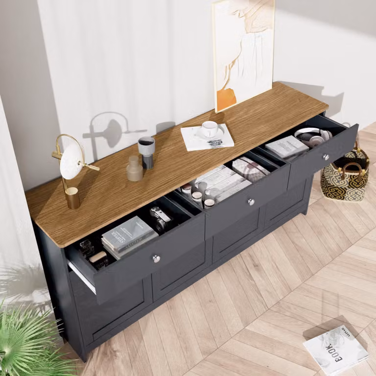 okwish Cassettiera a 4 ante e 3 cassetti, cassettiera con ampio spazio di archiviazione, per il soggiorno, 160x37x75 cm, decoro in legno e grigio scuro
