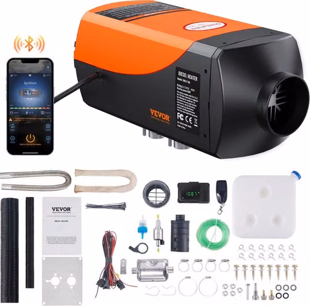 Riscaldatore d'Aria Diesel Vevor 12V 8KW per Camper, Auto e Camion con Controllo Bluetooth via App, Display LCD e Temperatura Regolabile 8℃-36℃, Arancione