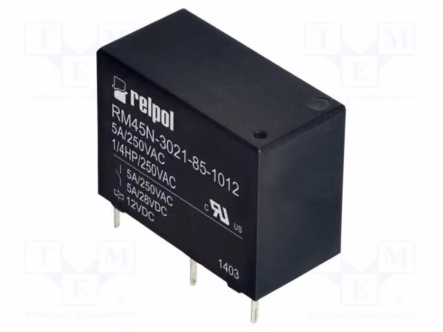 1 relè: bobina elettromagnetica, 12 VDC, 5 A / 250 VAC, modello RM45N-3021-85-1012, marca Elektro