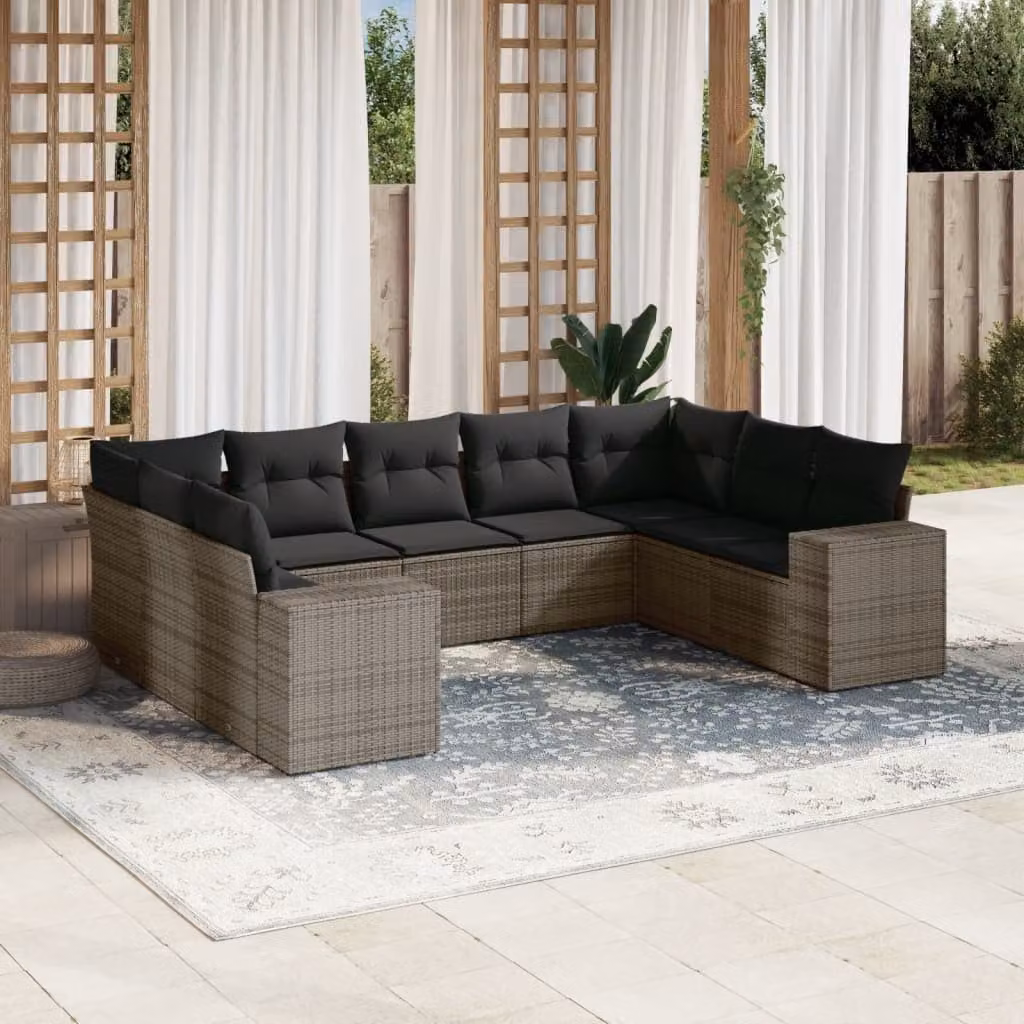 vidaXL Set Divano da Giardino 9 pz in Polyrattan Grigio con Cuscini Imbottiti e Rivestimenti Rimovibili – 1