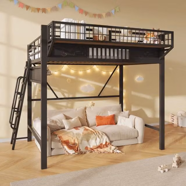 Letto a soppalco 140 × 200 cm 2 posti in metallo con vani laterali e spazio inferiore aperto, senza materasso, nero