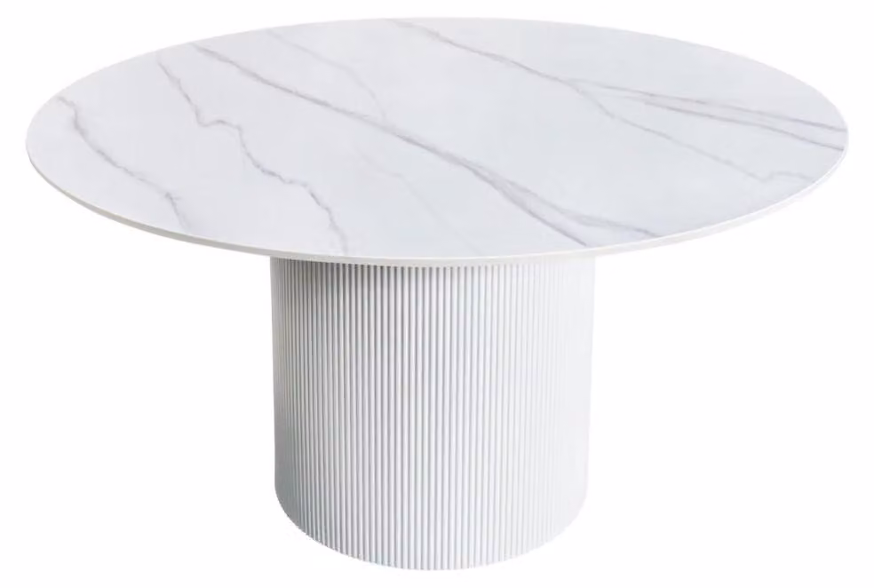 Tavolo da pranzo LUMEA – Rotondo 120 cm – Effetto marmo bianco – Piede centrale largo – Stile contemporaneo