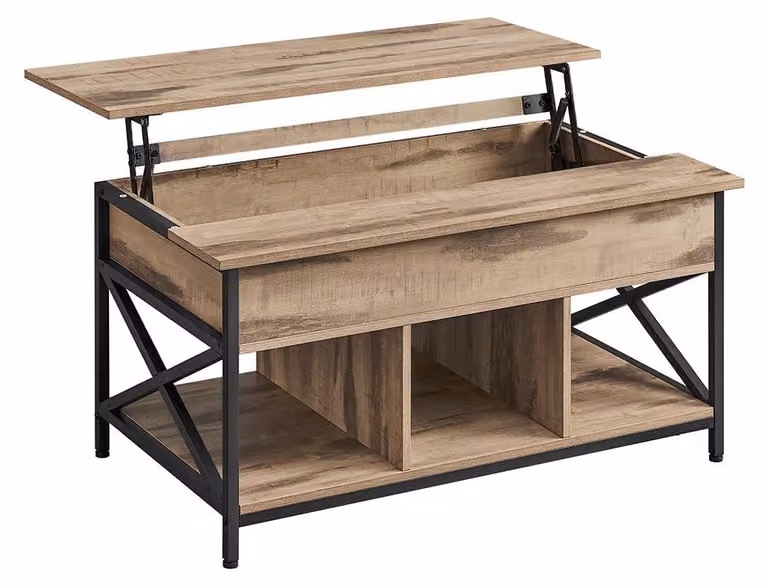 Tavolino da divano, 2 ripiani, regolabile in altezza – Pannello di particelle/Acciaio – Colore cammello/Nero – Dimensioni 60x100x48-62 cm