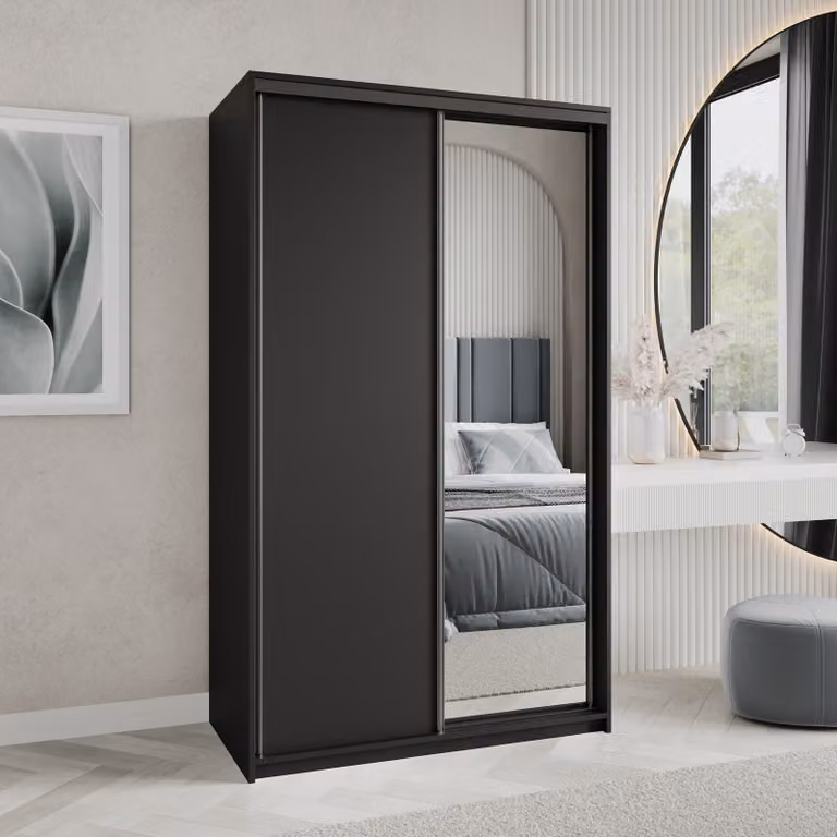 Armadio scorrevole Masseno TAVI 120/205/60 cm Armadio con cassetti Armadio per camera da letto a 2 ante con specchio Nero + Nero