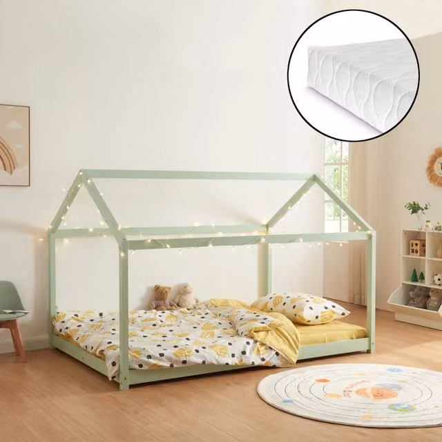 Letto per Cameretta Cerro a Forma di Casetta con Materasso 140 x 200 cm Menta Verde [en.casa]