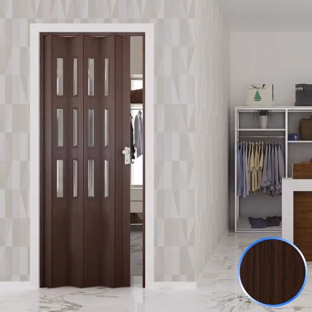 Porta a Soffietto Interna in PVC Noce Mansonia con Vetro Trasparente mod. Luciana L: 88,5 cm x H: 214 cm