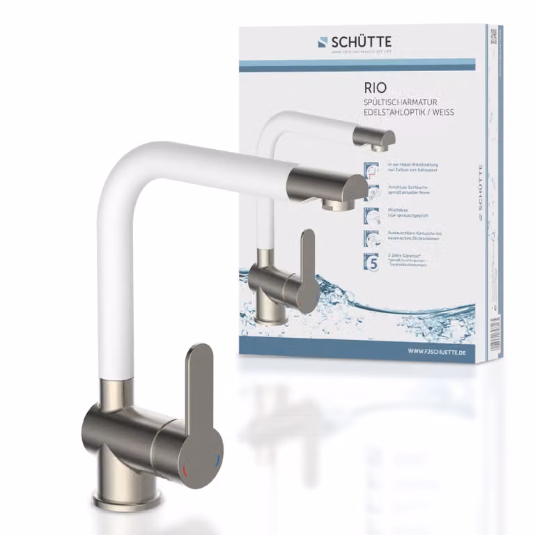 Rubinetto da cucina SCHÜTTE RIO, rubinetto da cucina con funzione di risparmio energetico, miscelatore da cucina girevole a 360°, look acciaio inox/bianco opaco