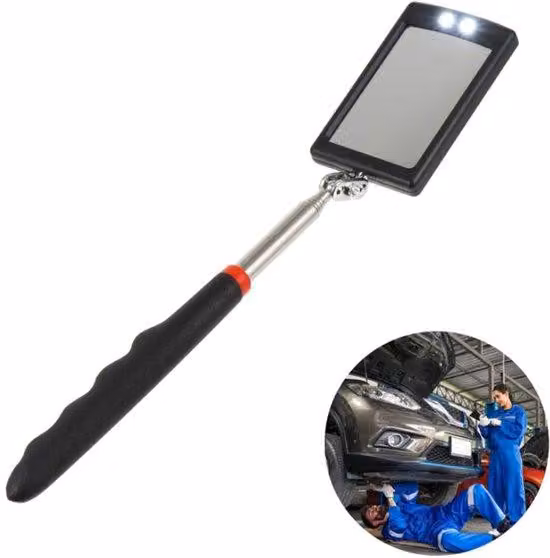 Specchio di ispezione a LED, da 29 a 88 cm, pieghevole, telescopico, universale, per la riparazione auto, colore nero, strumento di manutenzione, con luce a LED